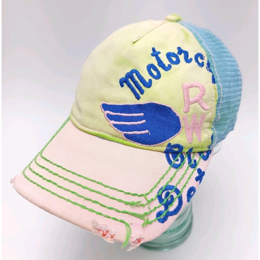 True Religion Distressed Motorcycle RW Club Strapback Cap Hat Leather Mesh TRBJ